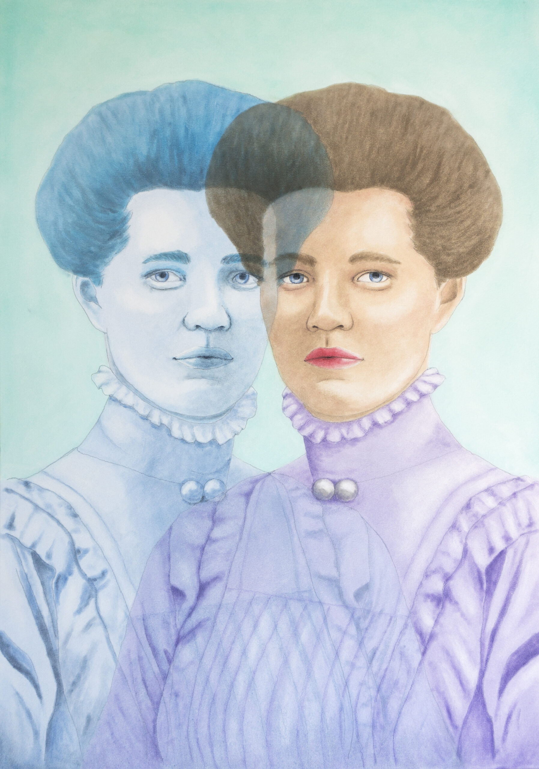 A mirrored portrait of a young woman, one in blue and the other in color wearing a purple blouse, with a mint colored background.