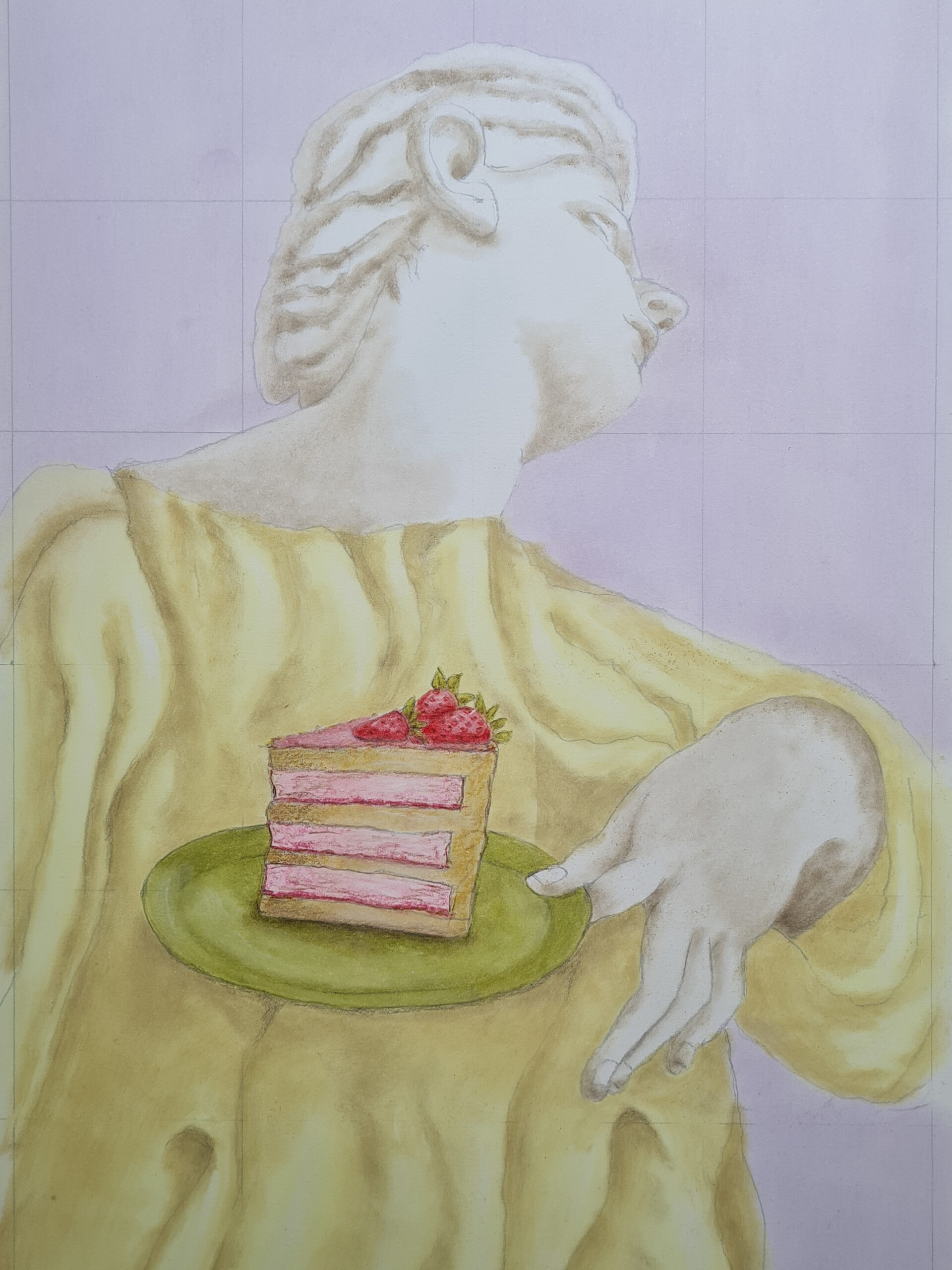 Statue holding a plate with a piece of strawberry cake.